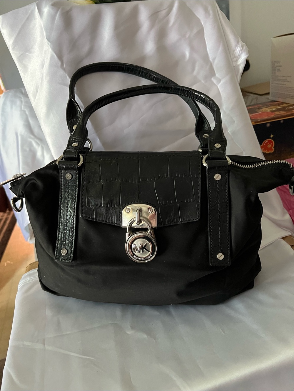 MICHAEL Michael Kors Black Satchel Hamilton with Silver Hardware